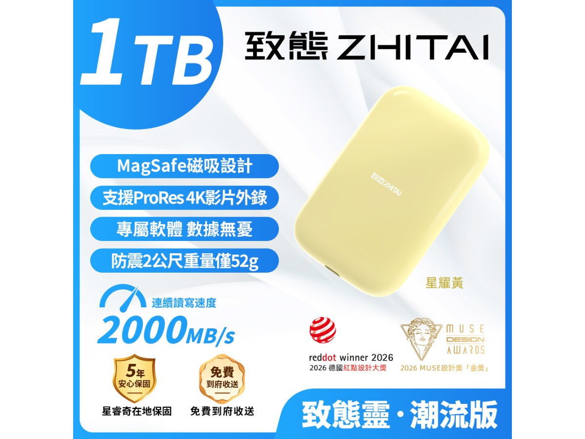 致態靈·潮流版SPIRIT NEO 外接SSD 1TB 星耀黃 讀2000 Type-C Type-A MagSafe磁吸 防