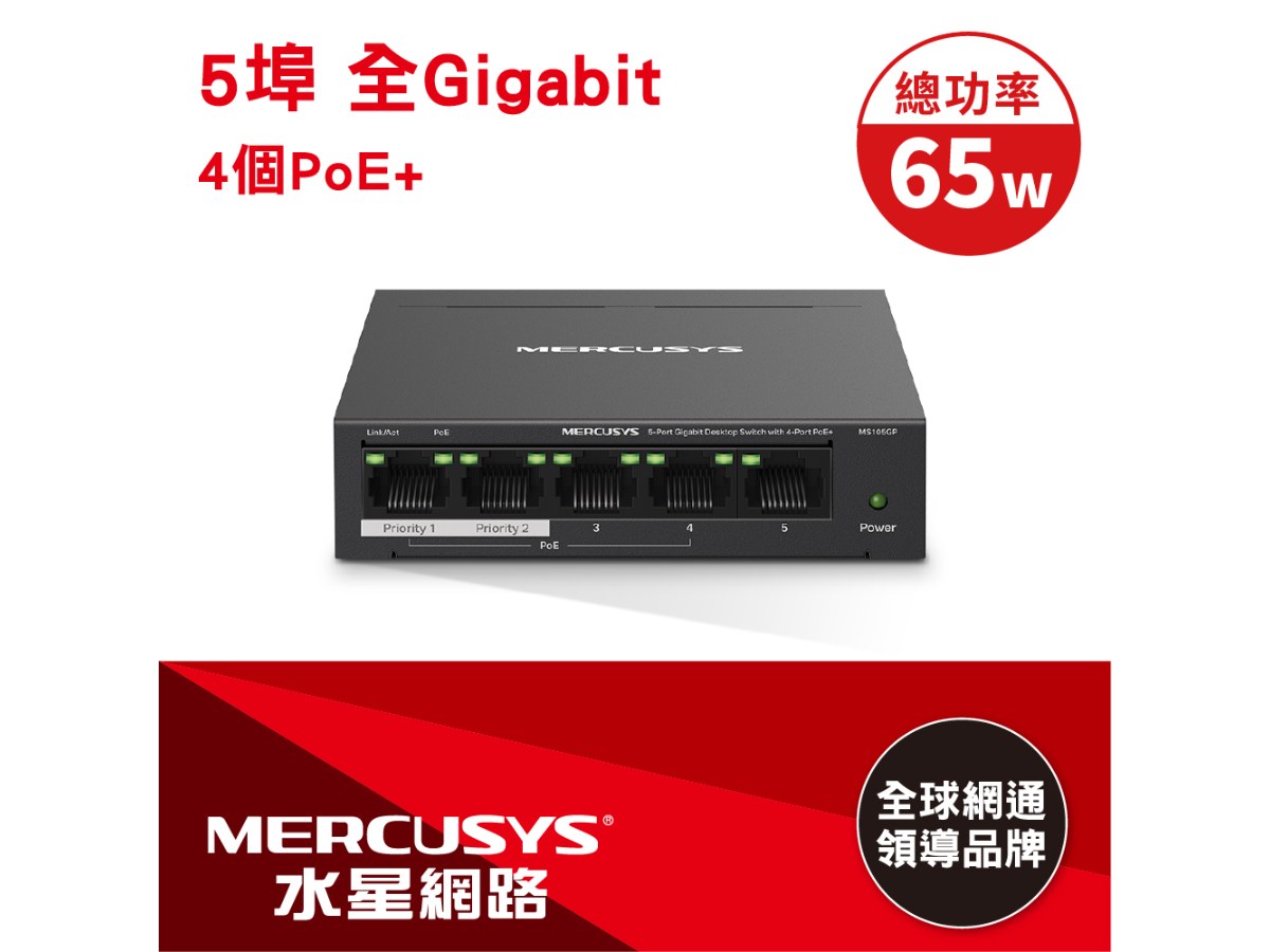 MERCUSYS (水星) 5埠 Gigabit + POE 交換器-MS105GP